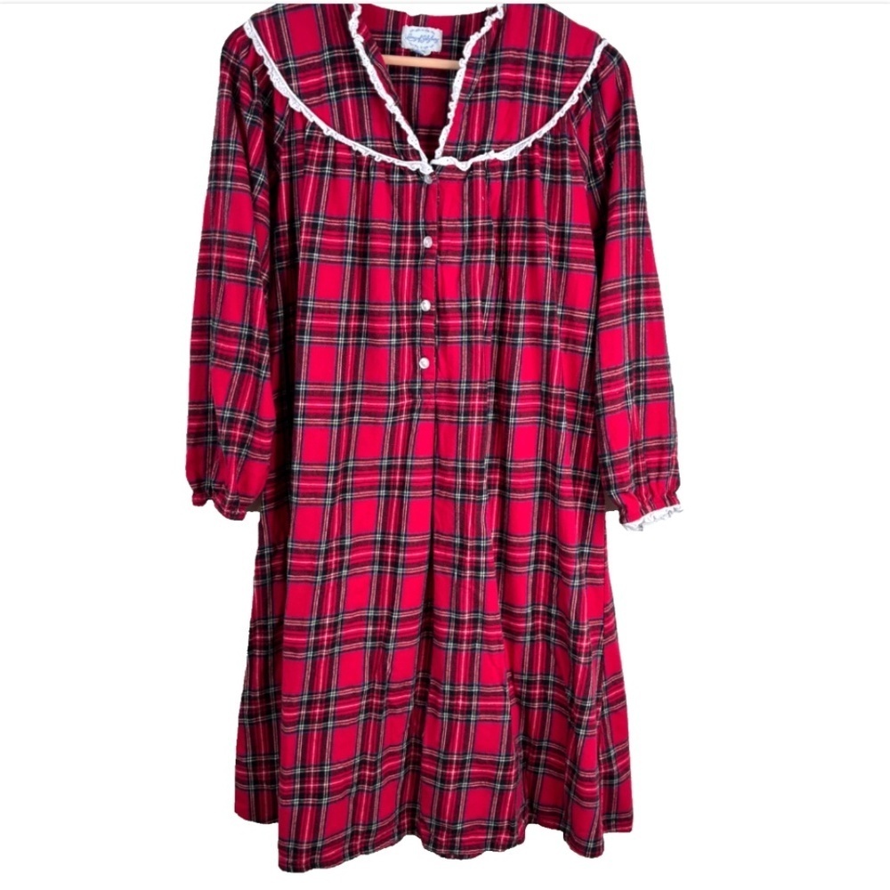 Vintage LANZ of Salzburg Flannel Nightgown S Plaid Lace Trim Granny Christmas